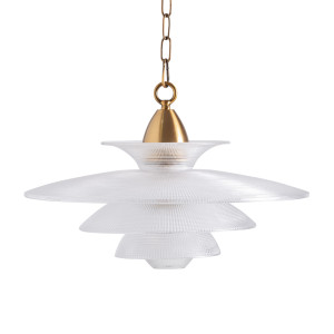 Lámpara de colgar Leshenia de estilo art deco, fabricado en cristal en color transparente con acabado texturizado, combinado con acero en color cobre. Producto desmontable.