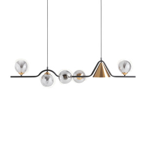 Lámpara de colgar Fasha de estilo art deco, fabricado en cristal en color gris con acabado ahumado, combinado con acero en color cobre y hierro en color negro. Producto desmontable.