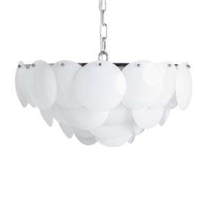 Lámpara de colgar Elisha de estilo art deco, fabricado en cristal en color blanco, combinado con acero en color plata. Producto desmontable.