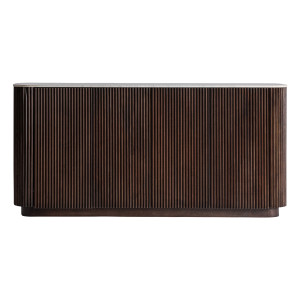 Aparador Kaleh de estilo art deco, fabricado en madera de mango en color marrón, combinado con mármol en color blanco con acabado veteado.