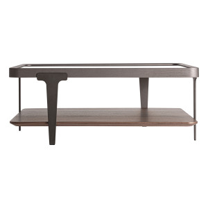 Mesa de centro Gehofen de estilo contemporáneo, fabricado en madera de fresno en color marrón, combinado con cristal en color gris con acabado ahumado y hierro en color negro. Producto desmontable.