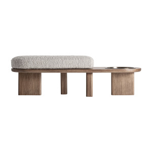 Pie de cama Windek de estilo contemporáneo, fabricado en poliéster, combinado con acero inoxidable en color dorado y madera dm en color marrón. Producto desenfundable.