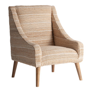 Sillón Chateris de estilo clásico, fabricado en yute en color beige, combinado con algodón y madera de mango en color marrón.