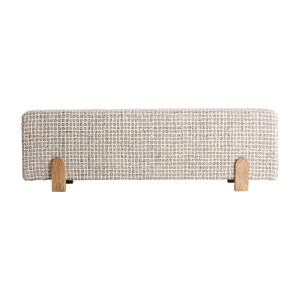 Pie de cama Beccles de estilo contemporáneo, fabricado en lana en color beige, combinado con madera de mango en color marrón y espuma.