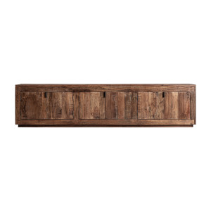 Mueble tv Selby de estilo rústico, fabricado en madera recuperada en color marrón, combinado con hierro en color negro.