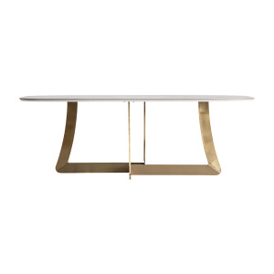 Mesa comedor Jussey de estilo art deco, fabricado en porcelánico en color blanco, combinado con acero en color oro. Producto desmontable.