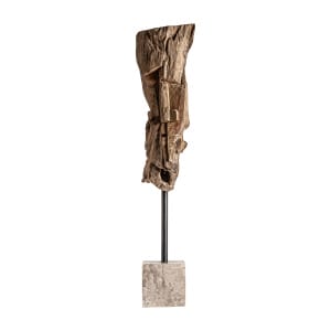 Escultura Marek de estilo étnico, fabricado en madera tropical en color marrón con acabado envejecido, combinado con piedra y hierro.
