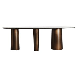 Mesa comedor Laggan de estilo art deco, fabricado en acero en color bronce, combinado con porcelánico en color blanco. Producto desmontable.