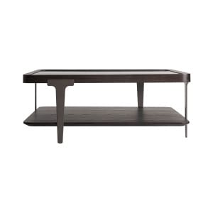 Mesa de centro Breil de estilo art deco, fabricado en madera de fresno en color negro, combinado con cristal templado en color negro con acabado ahumado y hierro en color negro. Producto desmontable.