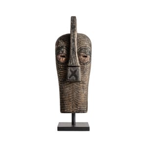 Figura Plik de estilo étnico, fabricado en madera de mango en color marrón con acabado envejecido, combinado con hierro en color negra.
