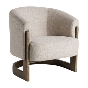 Sillón Leutasch de estilo contemporáneo, fabricado en madera de fresno en color beige con acabado natural, combinado con poliéster en color topo.
