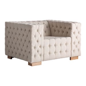 Sillón Genhof de estilo clásico, fabricado en madera de fresno en color marrón claro, combinado con poliéster en color beige. Producto desmontable.