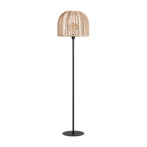 Lámpara de pie plissé rattan de estilo nórdico, fabricado en hierro en color negro, combinado con ratán en color marrón claro.