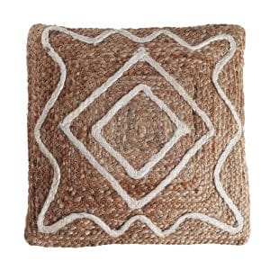 Cojín cuadrado thiesi de estilo boho, fabricado en yute en color marrón, combinado con poliéster en color beige. Producto desenfundable.