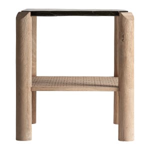 Mesa de centro Jacquard de estilo contemporáneo, fabricado en madera de mango en color marrón, combinado con vidrio en color transparente.