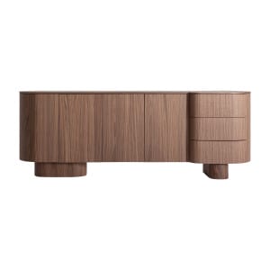 Aparador Kexby de estilo contemporáneo, fabricado en madera dm en color marrón, combinado con chapa de nogal. Producto desmontable.
