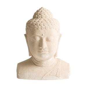 Busto Budha de estilo oriental, fabricado en cemento en color blanco roto.