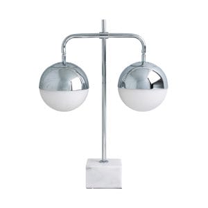 Lámpara de sobremesa Gershem de estilo art deco, fabricado en hierro en color blanco, combinado con mármol en color plata y vidrio en color blanco. Producto desmontable.