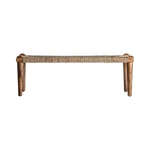 Banco Tassarolo de estilo vintage, fabricado en madera de mango en color marrón, combinado con fibra natural. Producto desmontable.