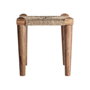 Taburete Kaaji de estilo étnico, fabricado en madera de mango en color marrón, combinado con yute. Producto desmontable.