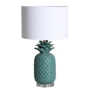 Lámpara de sobremesa redonda eyen de estilo kitsh, fabricado en hierro en color plata, combinado con cerámica en color verde y lino en color blanco. Producto desmontable.