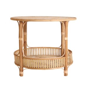 Mesa auxiliar redonda arteaga de estilo boho, fabricado en bambú en color marrón.