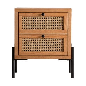 Mesita de noche cuadrada zetel de estilo contemporáneo, fabricado en madera dm en color marrón, combinado con ratán y hierro. Producto desmontable.