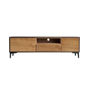 Mueble tv rectangular brussa de estilo nórdico, fabricado en madera dm en color marrón claro, combinado con hierro en color natural. Producto desmontable.