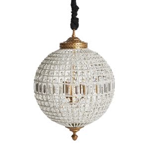 Lámpara de colgar Pluwig de estilo art deco, fabricado en latón en color oro, combinado con cristal en color transparente y aluminio.