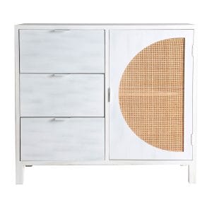 Cómoda cuadrada zemne de estilo nórdico, fabricado en madera de pino en color blanco con acabado decapado, combinado con ratán en color natural y madera dm.