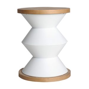 Mesa auxiliar redonda moriat de estilo contemporáneo, fabricado en madera dm en color blanco, combinado con hierro en color natural.