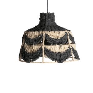 Lámpara de colgar redonda lisse de estilo boho, fabricado en fibra natural en color negro, combinado con cuerda en color natural y hierro.