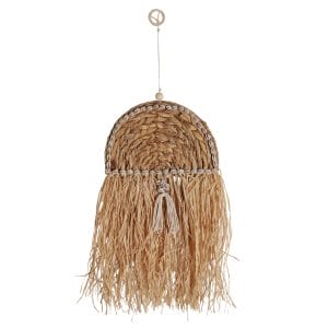 Panel decorativo semicircular kasses de estilo boho, fabricado en fibra natural en color marrón, combinado con rafia y hierro.