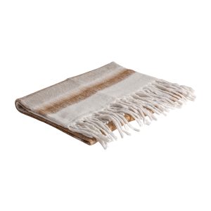 Plaid rectangular dione de estilo vintage, fabricado en poliéster en color tonos en marrón, combinado con acrílico y lana.