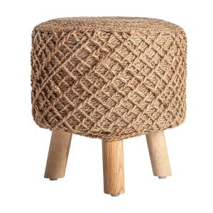 Reposapiés redondo gildeon de estilo boho, fabricado en yute en color marrón, combinado con madera de mango y poliéster.