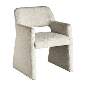 Silla alvra de estilo art deco, fabricado en algodón bouclé en color blanco roto, combinado con espuma y madera dm. Producto desenfundable.