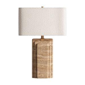 Lámpara de sobremesa Preist de estilo art deco, fabricado en travertino en color marrón claro, combinado con hierro en color oro y algodón bouclé en color blanco roto. Producto desmontable.