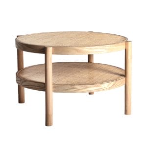 Mesa de centro ikla de estilo nórdico, fabricado en madera de fresno en color marrón, combinado con ratán. Producto desmontable.