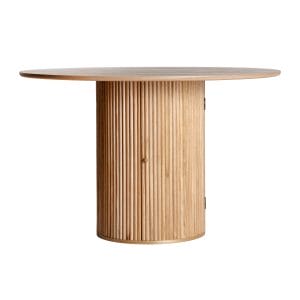 Mesa comedor redonda skagen de estilo nórdico, fabricado en madera de paulownia en color marrón, combinado con madera de fresno. Producto desmontable.