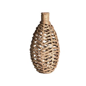 Botella redondo lebork de estilo boho, fabricado en fibra natural en color marrón.