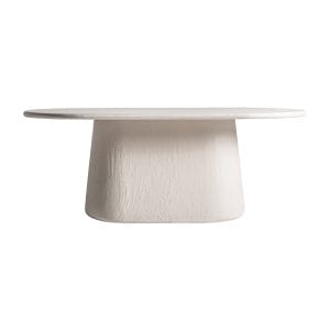 Mesa comedor oval inha de estilo contemporáneo, fabricado en madera de mango en color blanco roto, combinado con madera dm. Producto desmontable.