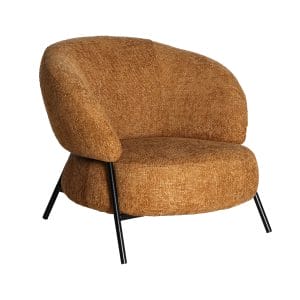 Sillón Souvens de estilo vintage, fabricado en poliéster en color ocre, combinado con madera de pino y hierro.