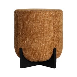 Taburete redondo souvens de estilo contemporáneo, fabricado en poliéster en color ocre, combinado con madera de caucho en color negro.