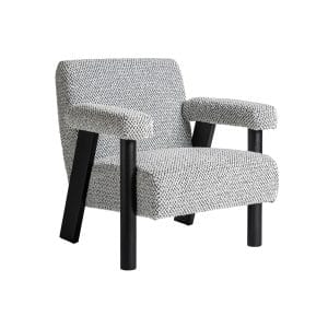 Sillón cuadrado liester de estilo art deco, fabricado en algodón bouclé en color gris con acabado liso, combinado con acrílico en color negro y madera de caucho.