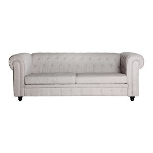 Sofá rectangular galmier de estilo clásico, fabricado en lino en color blanco roto, combinado con madera de pino en color negro y espuma. Producto desmontable, desenfundable.