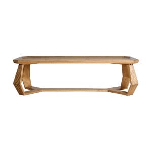 Mesa de centro rectangular bushey de estilo colonial, fabricado en madera mindi en color marrón con acabado natural.