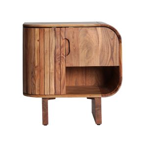 Mesita de noche blesle de estilo contemporáneo, fabricado en madera de acacia en color marrón, combinado con madera dm. Producto desmontable.