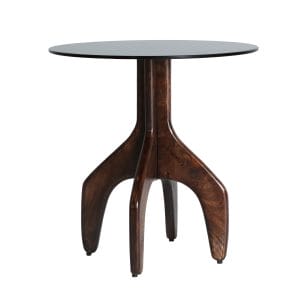 Mesa auxiliar redonda bickerton de estilo contemporáneo, fabricado en madera de mango en color negro, combinado con cristal en color marrón. Producto desmontable.