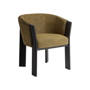 Silla Nara de estilo contemporáneo, fabricado en poliéster en color mostaza con acabado jaspeado, combinado con madera roble en color negro.