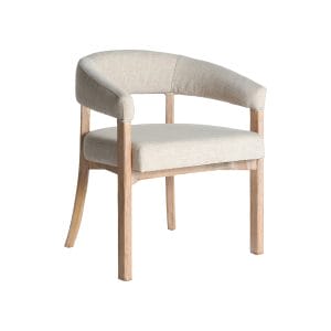 Silla Kai de estilo contemporáneo, fabricado en madera de olmo en color marrón claro, combinado con lino en color beige.